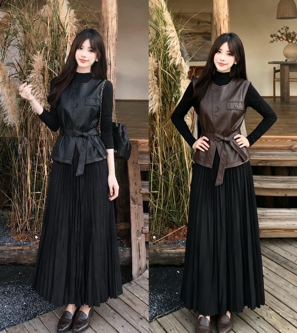 2026 실사 빅 사이즈 여성 의류 가을 겨울 새로운 레트로 레이스업 가죽 베스트 긴팔 드레스 복장 투피스 세트