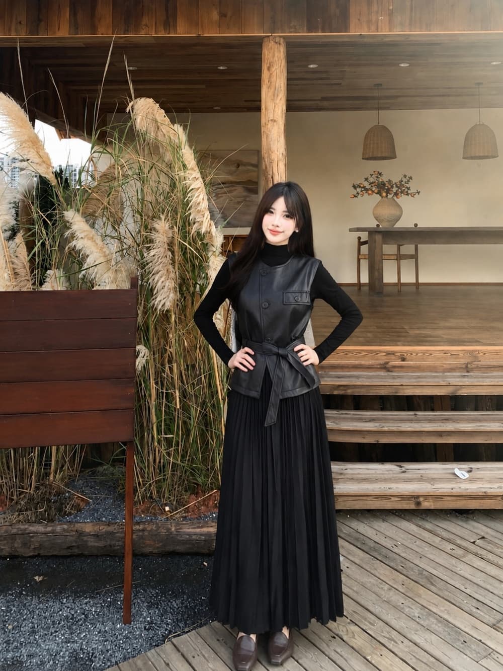 2026 실사 빅 사이즈 여성 의류 가을 겨울 새로운 레트로 레이스업 가죽 베스트 긴팔 드레스 복장 투피스 세트 이미지 2