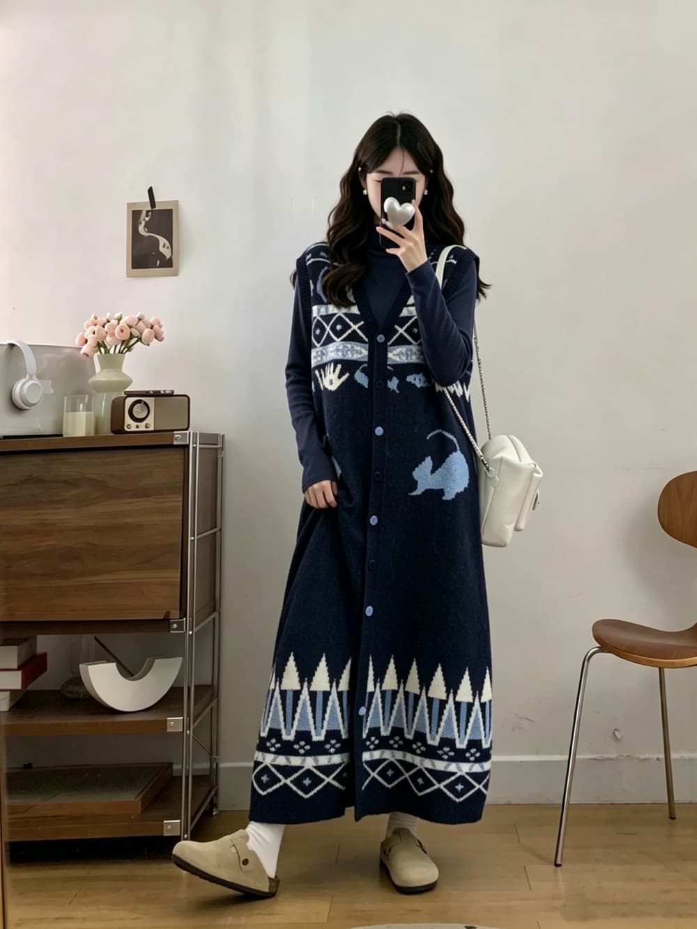 2026 실사 빅 사이즈 여성 의류 가을 겨울 새로운 레트로 자수 니트 스웨터 조끼 스커트 기본 스커트 투피스 세트 상세 이미지 10