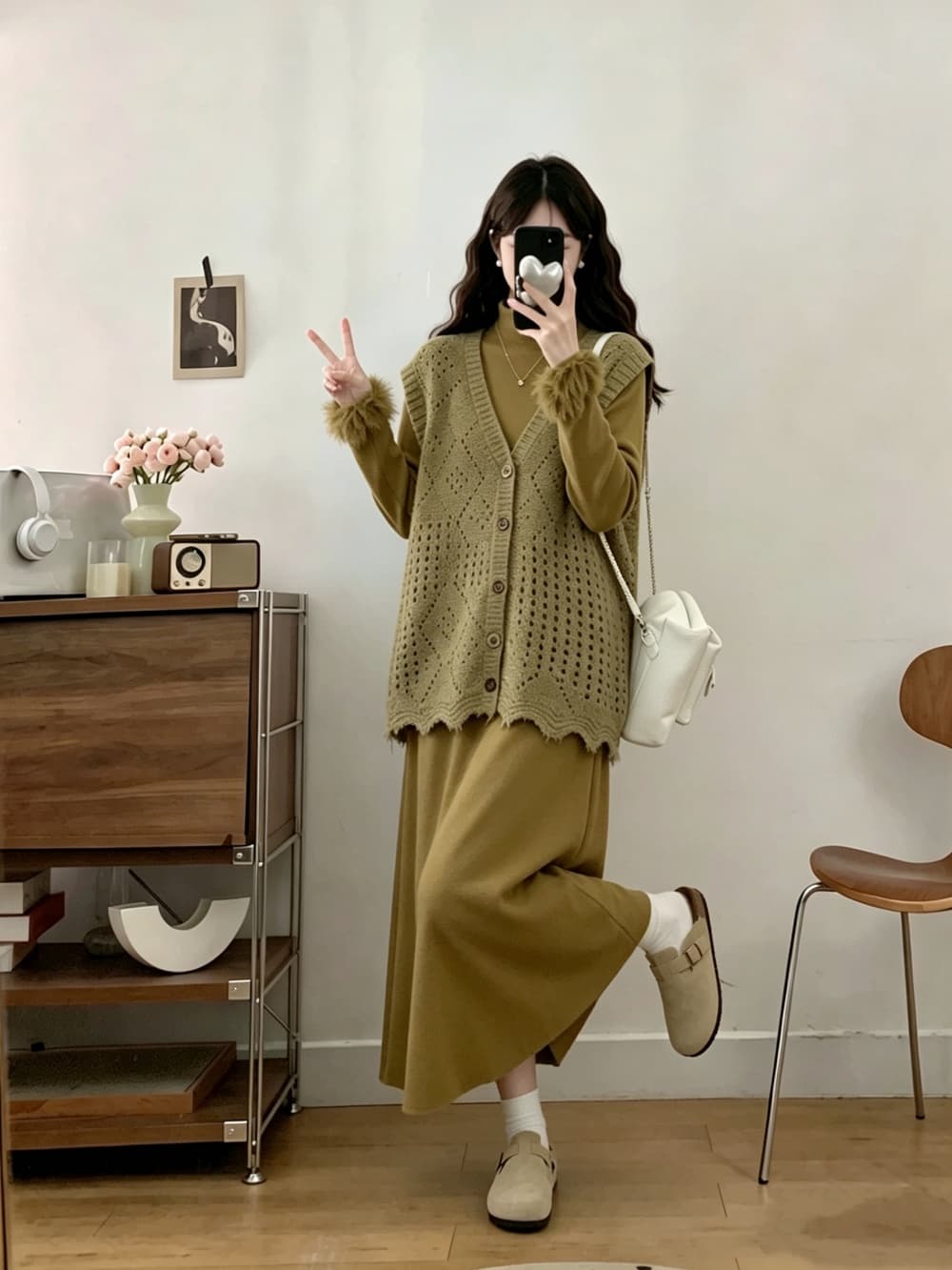 2026 실사 빅 사이즈 여성 의류 가을 겨울 새로운 홀로우 아웃 니트 스웨터 베스트 모피 긴팔 기본 스커트 투피스 세트 상세 이미지 13