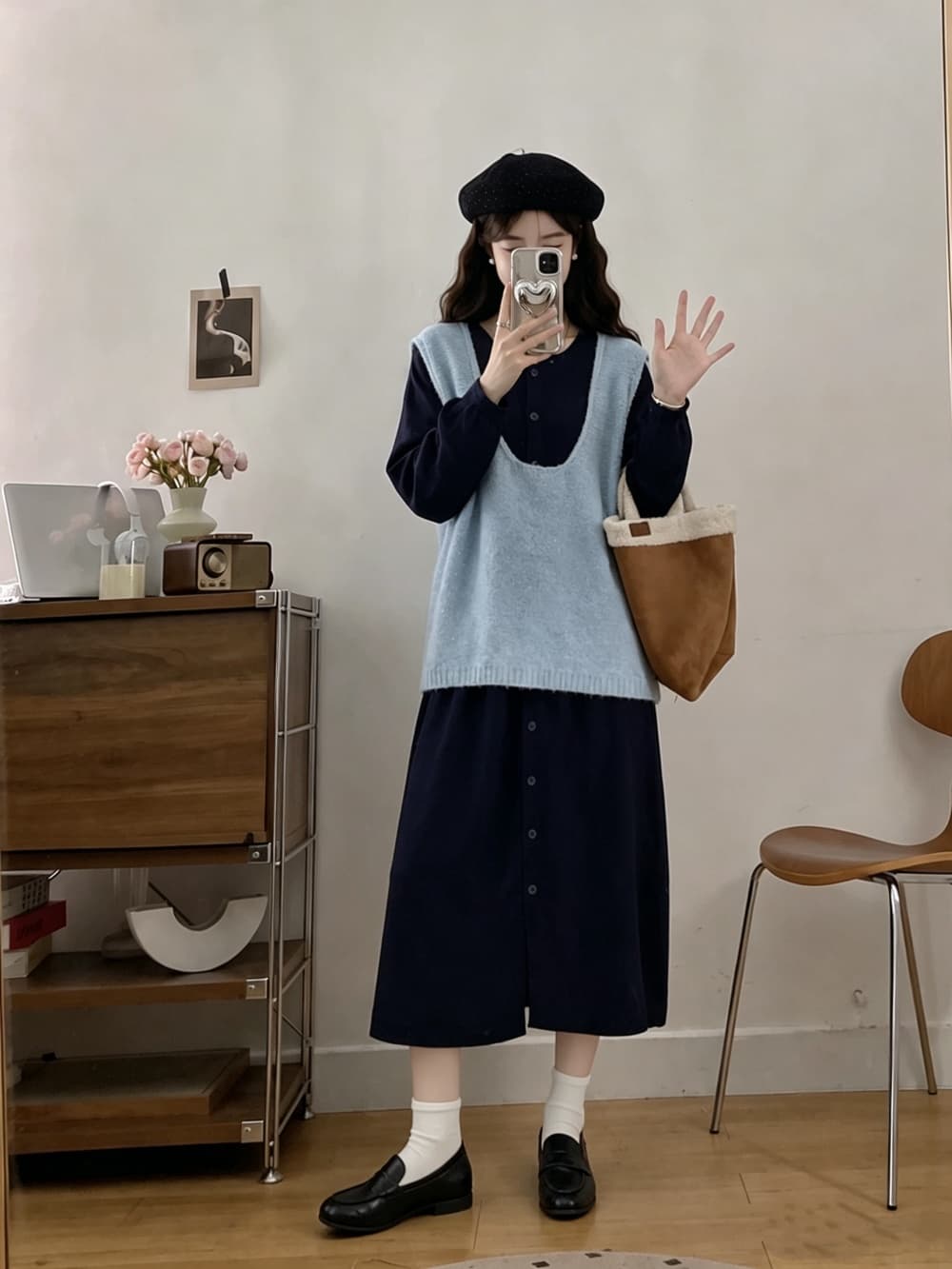 2026 실사 빅 사이즈 여성 의류 가을 겨울 새로운 한국 스타일 미니멀리즘 스웨터 베스트 니트 긴 소매 기본 스커트 투피스 세트 상세 이미지 3