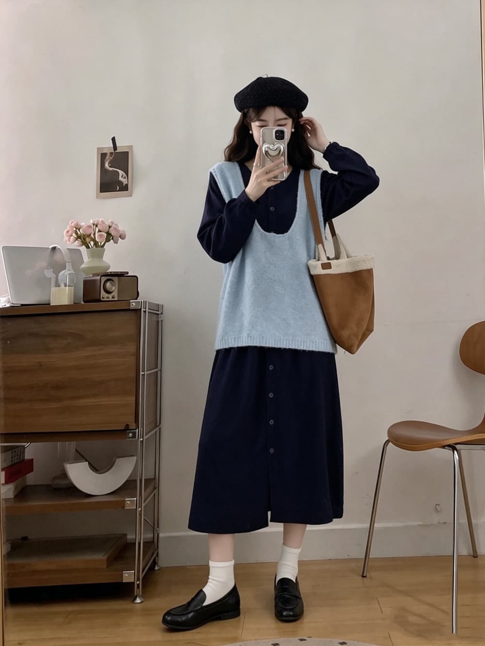 2026 실사 빅 사이즈 여성 의류 가을 겨울 새로운 한국 스타일 미니멀리즘 스웨터 베스트 니트 긴 소매 기본 스커트 투피스 세트 상세 이미지 4
