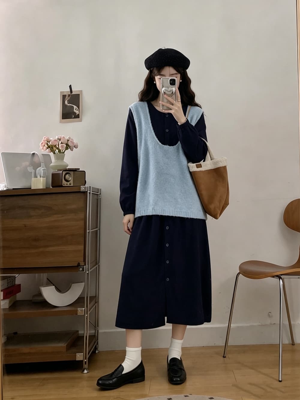 2026 실사 빅 사이즈 여성 의류 가을 겨울 새로운 한국 스타일 미니멀리즘 스웨터 베스트 니트 긴 소매 기본 스커트 투피스 세트 상세 이미지 6