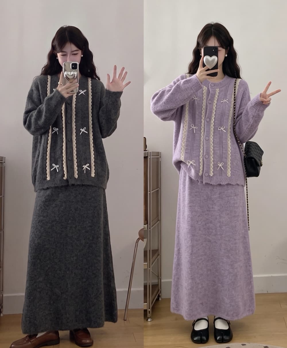 2026 실사 빅 사이즈 여성 의류 가을 겨울 새로운 레이스 나비 매듭 스웨터 맨위 니트 반신 스커트 투피스 세트