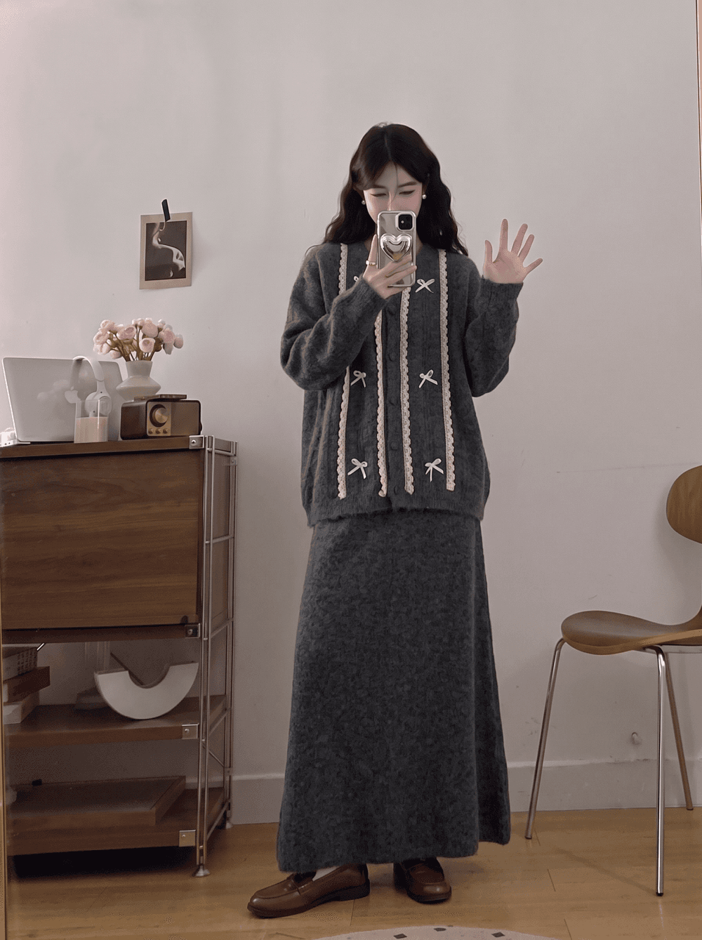 2026 실사 빅 사이즈 여성 의류 가을 겨울 새로운 레이스 나비 매듭 스웨터 맨위 니트 반신 스커트 투피스 세트 상세 이미지 3