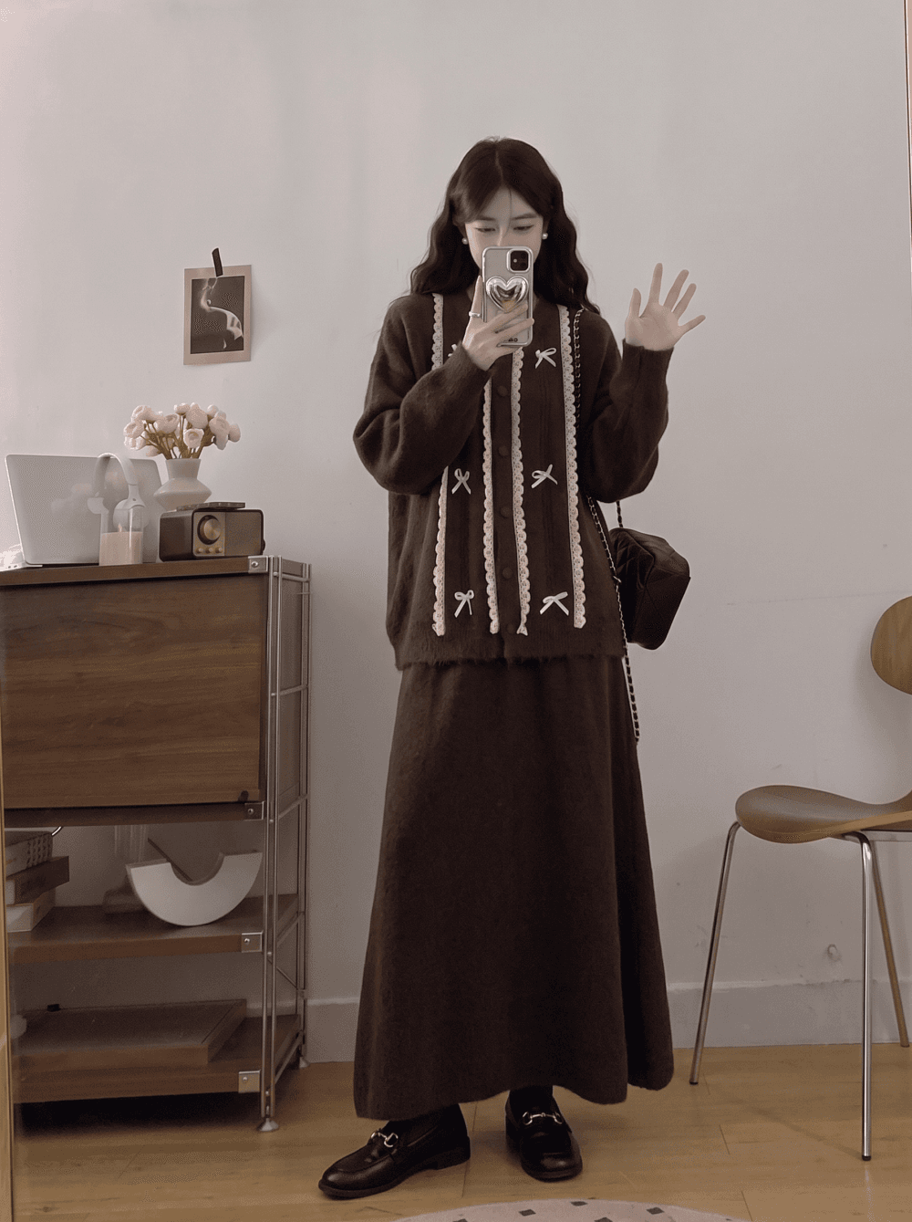 2026 실사 빅 사이즈 여성 의류 가을 겨울 새로운 레이스 나비 매듭 스웨터 맨위 니트 반신 스커트 투피스 세트 상세 이미지 5