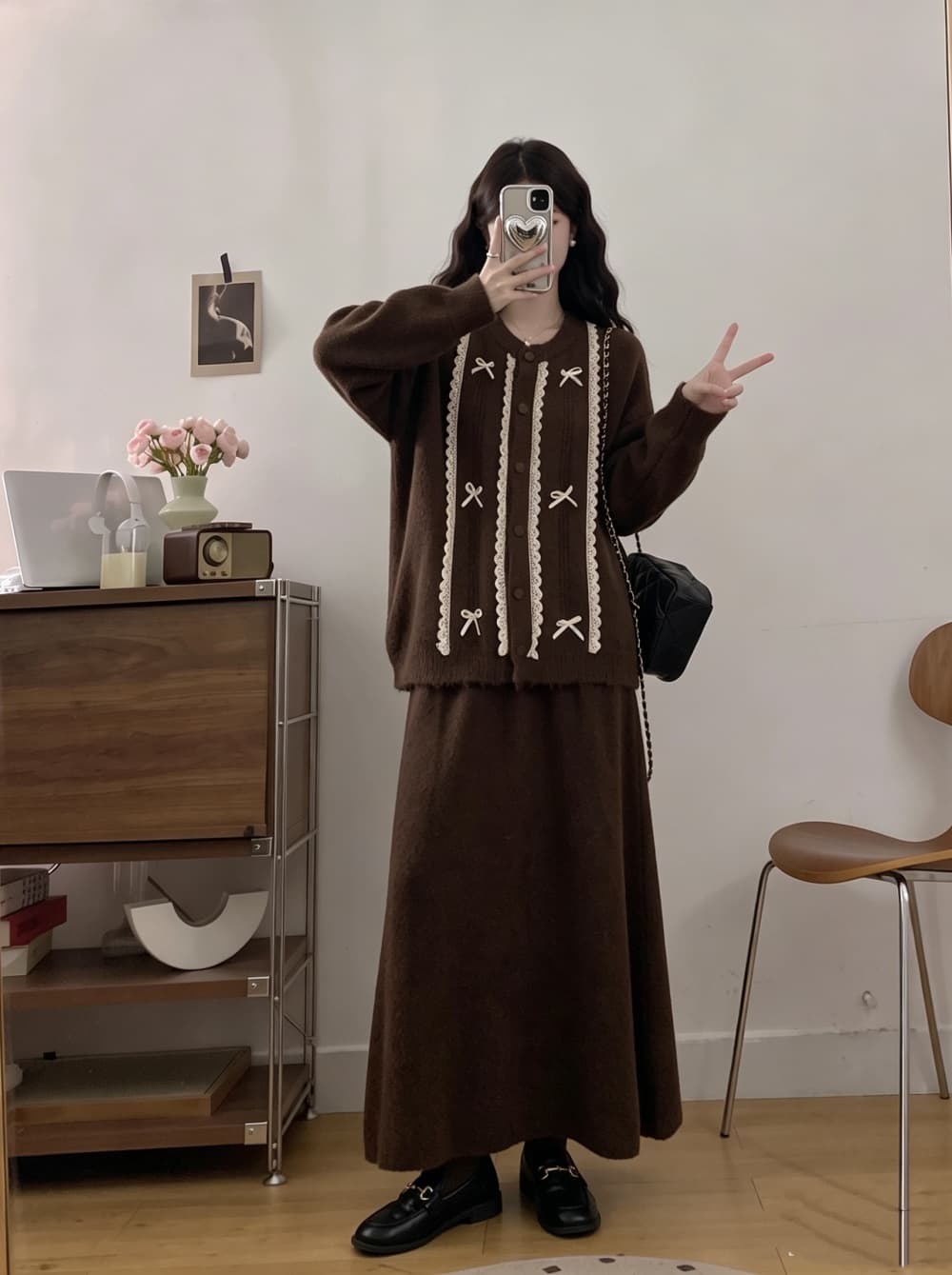 2026 실사 빅 사이즈 여성 의류 가을 겨울 새로운 레이스 나비 매듭 스웨터 맨위 니트 반신 스커트 투피스 세트 상세 이미지 13