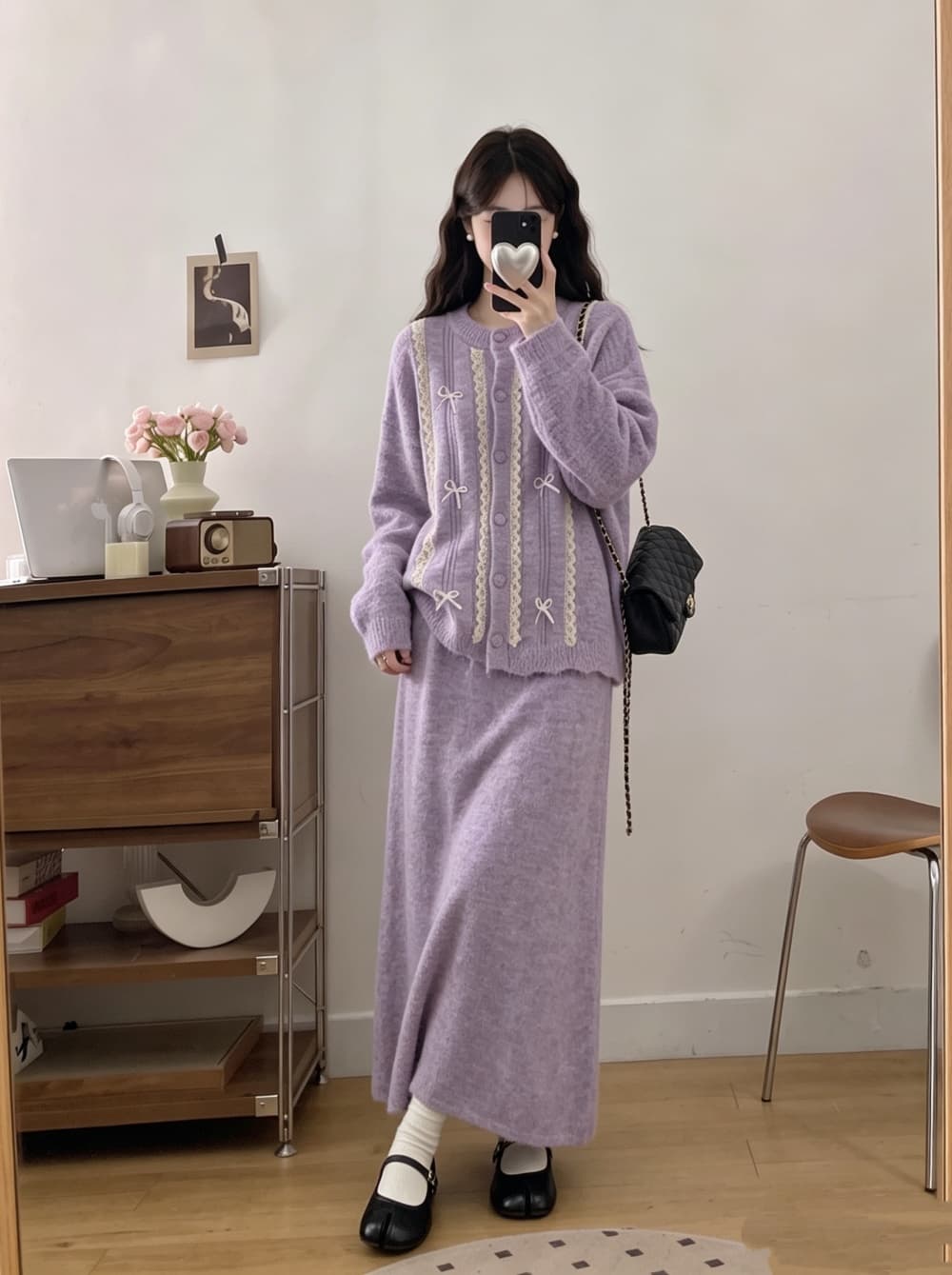 2026 실사 빅 사이즈 여성 의류 가을 겨울 새로운 레이스 나비 매듭 스웨터 맨위 니트 반신 스커트 투피스 세트 상세 이미지 19