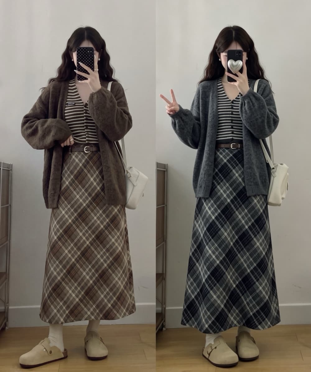 2026 실사 빅 사이즈 여성 의류 가을 겨울 새로운 느긋한 바람 스웨터 스트라이프 조끼 체크무늬 반신 스커트 3종 세트 상세 이미지 1