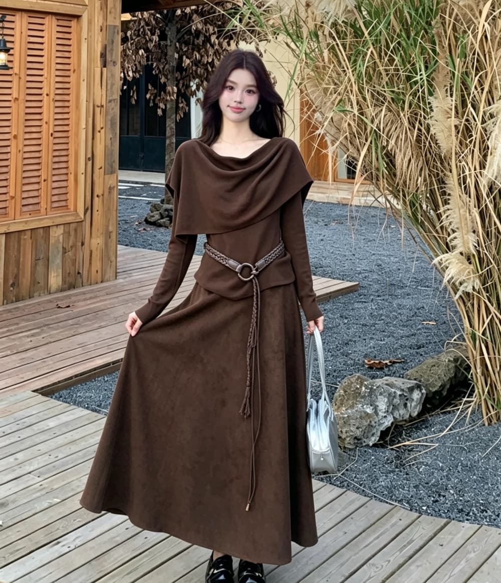 2026 실사 빅 사이즈 여성 의류 가을 겨울 새로운 품격 수 있습니다. 언 로딩 숄 긴팔 만나는 반신 스커트 3종 세트 이미지 3
