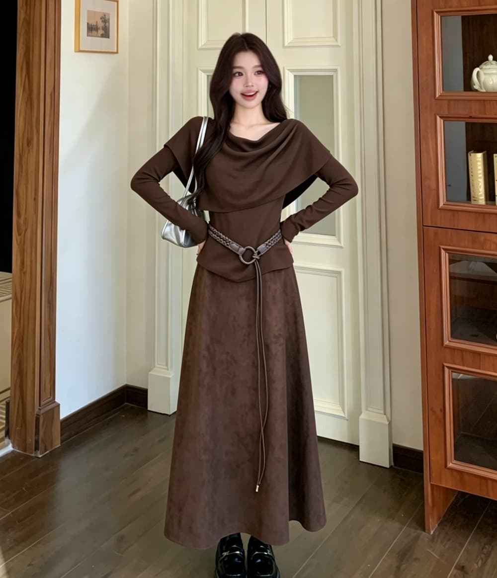 2026 실사 빅 사이즈 여성 의류 가을 겨울 새로운 품격 수 있습니다. 언 로딩 숄 긴팔 만나는 반신 스커트 3종 세트 이미지 4