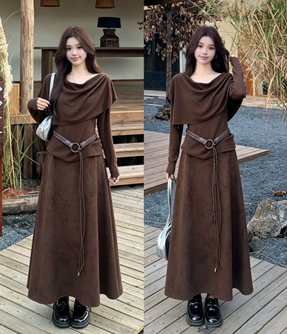 2026 실사 빅 사이즈 여성 의류 가을 겨울 새로운 품격 수 있습니다. 언 로딩 숄 긴팔 만나는 반신 스커트 3종 세트 상세 이미지 1