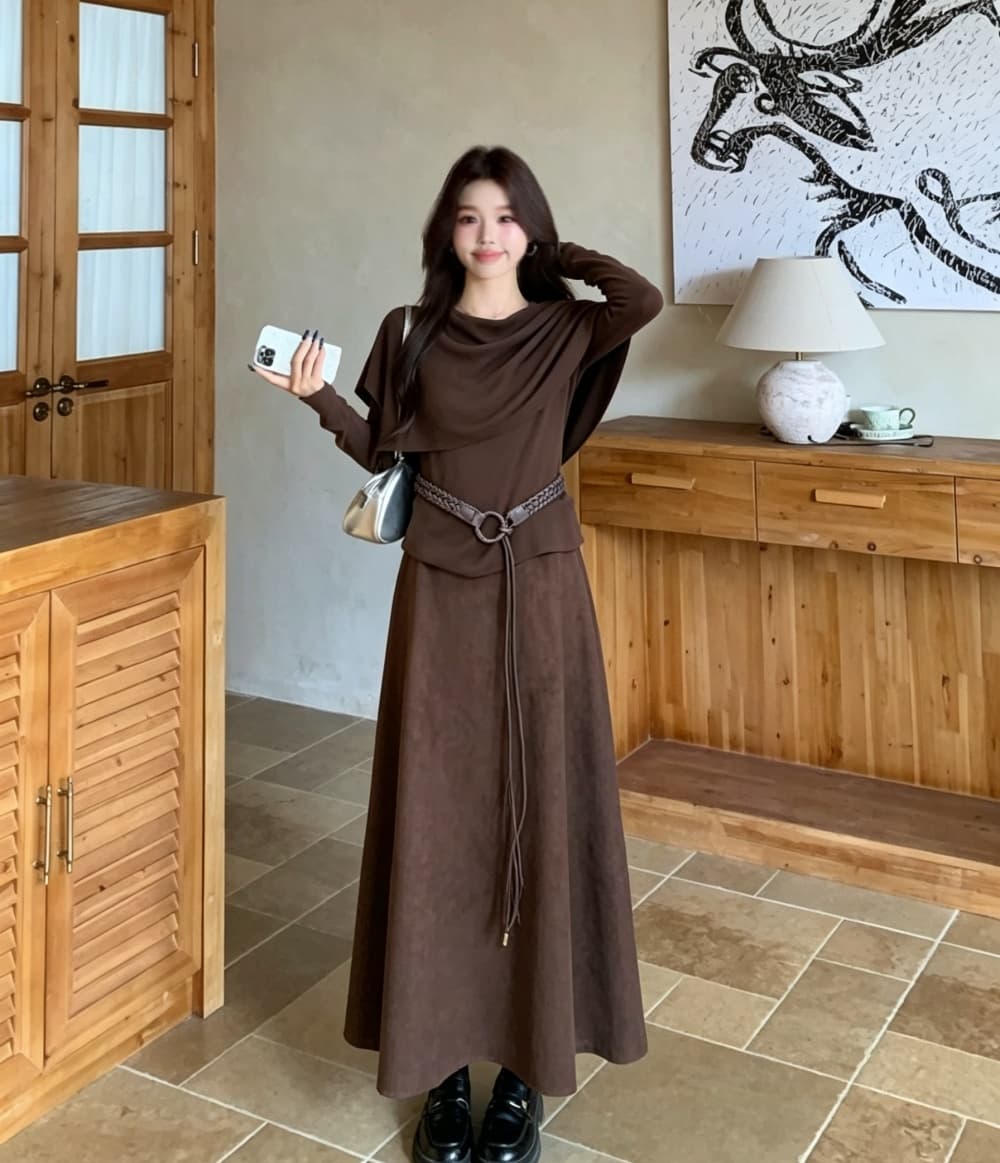 2026 실사 빅 사이즈 여성 의류 가을 겨울 새로운 품격 수 있습니다. 언 로딩 숄 긴팔 만나는 반신 스커트 3종 세트 상세 이미지 3