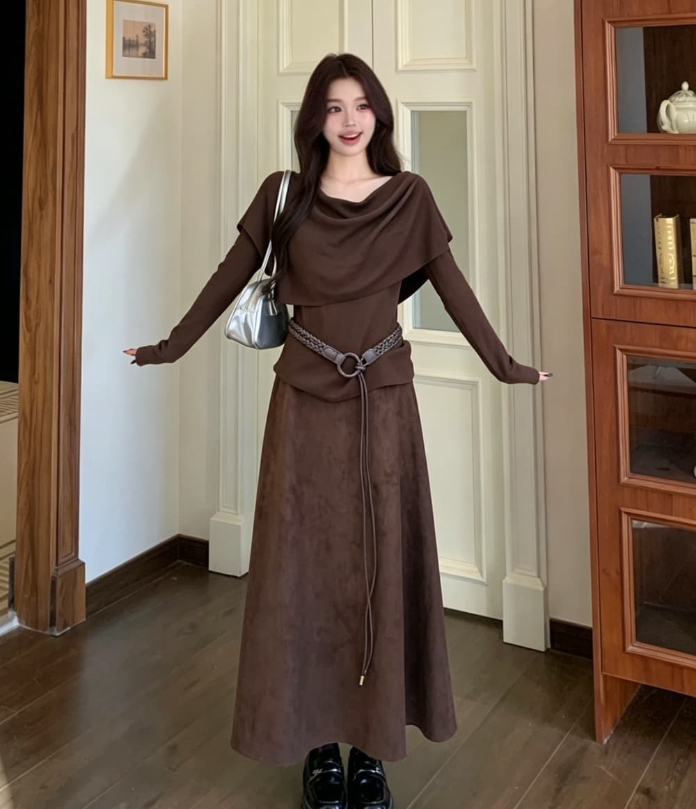 2026 실사 빅 사이즈 여성 의류 가을 겨울 새로운 품격 수 있습니다. 언 로딩 숄 긴팔 만나는 반신 스커트 3종 세트 상세 이미지 4