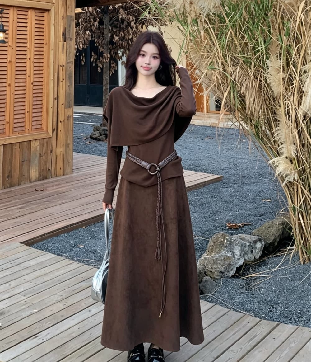 2026 실사 빅 사이즈 여성 의류 가을 겨울 새로운 품격 수 있습니다. 언 로딩 숄 긴팔 만나는 반신 스커트 3종 세트 상세 이미지 5