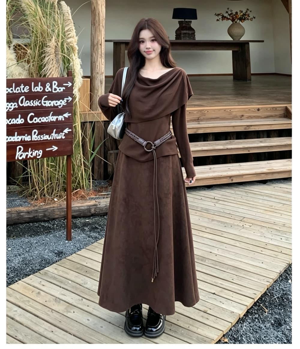 2026 실사 빅 사이즈 여성 의류 가을 겨울 새로운 품격 수 있습니다. 언 로딩 숄 긴팔 만나는 반신 스커트 3종 세트 상세 이미지 6