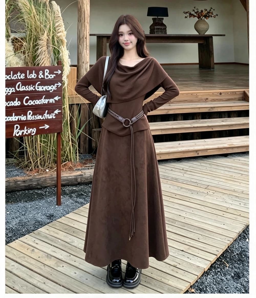 2026 실사 빅 사이즈 여성 의류 가을 겨울 새로운 품격 수 있습니다. 언 로딩 숄 긴팔 만나는 반신 스커트 3종 세트 상세 이미지 10