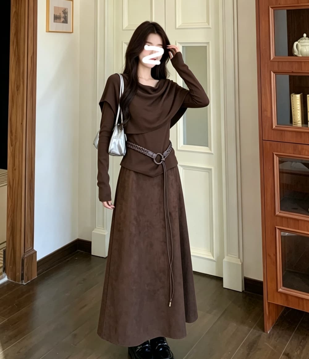 2026 실사 빅 사이즈 여성 의류 가을 겨울 새로운 품격 수 있습니다. 언 로딩 숄 긴팔 만나는 반신 스커트 3종 세트 상세 이미지 11
