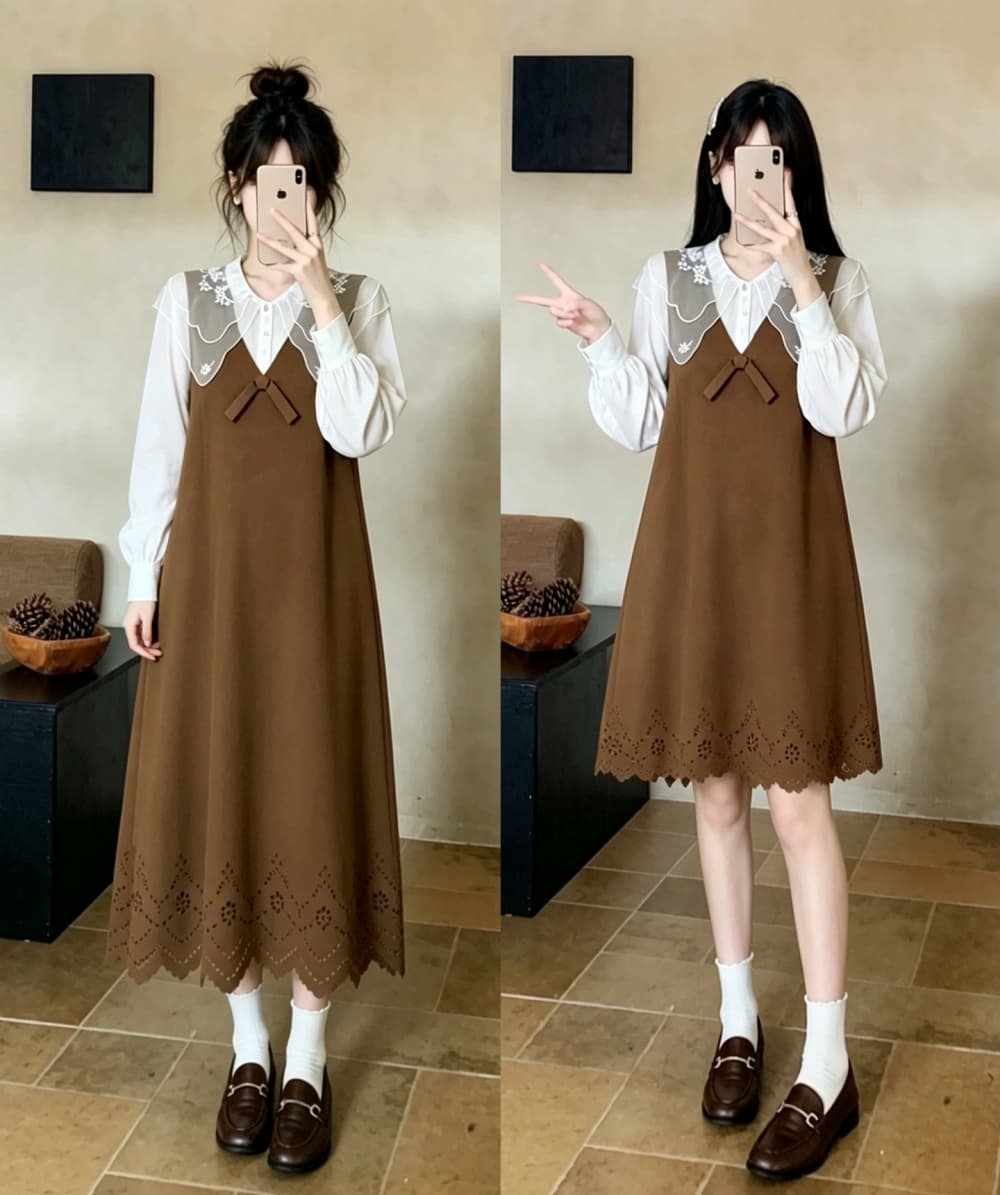 2026 실사 빅 사이즈 여성 의류 가을 겨울 새로운 레트로 베이비 칼라 셔츠 홀로우 아웃 스웨이드 원단 조끼 스커트 투피스 세트