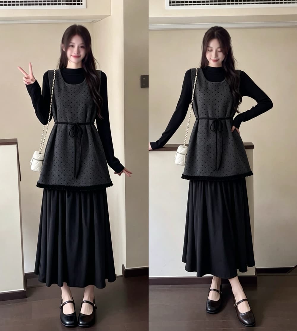 2026 실사 빅 사이즈 여성 의류 가을 겨울 새로운 페이크 레이어드 레이스업 도트 무늬 조끼 스커트 긴팔 만나는 투피스 세트