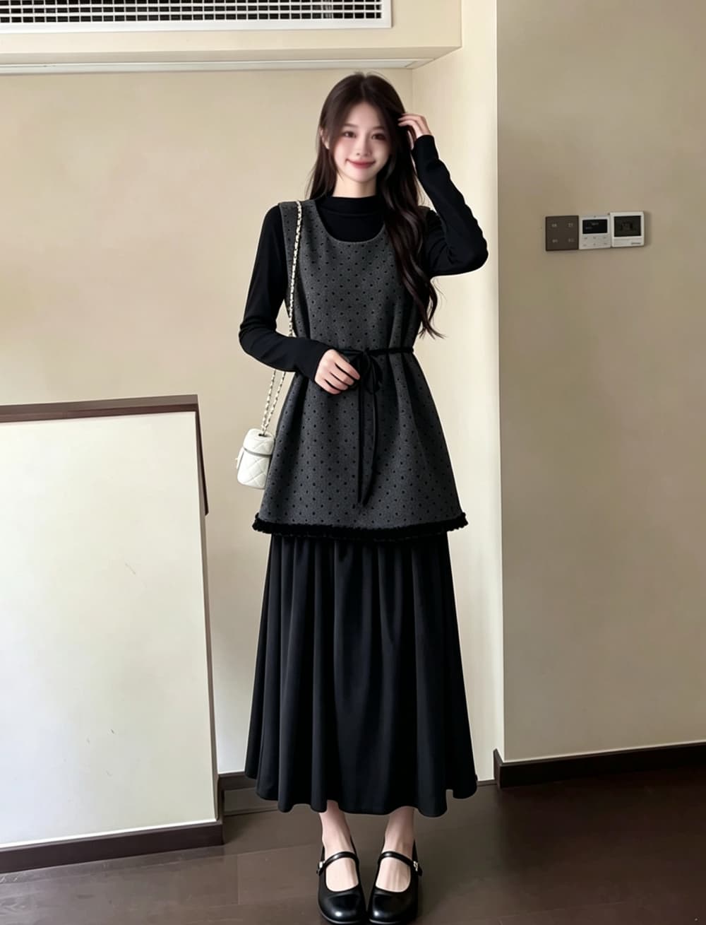 2026 실사 빅 사이즈 여성 의류 가을 겨울 새로운 페이크 레이어드 레이스업 도트 무늬 조끼 스커트 긴팔 만나는 투피스 세트 이미지 2