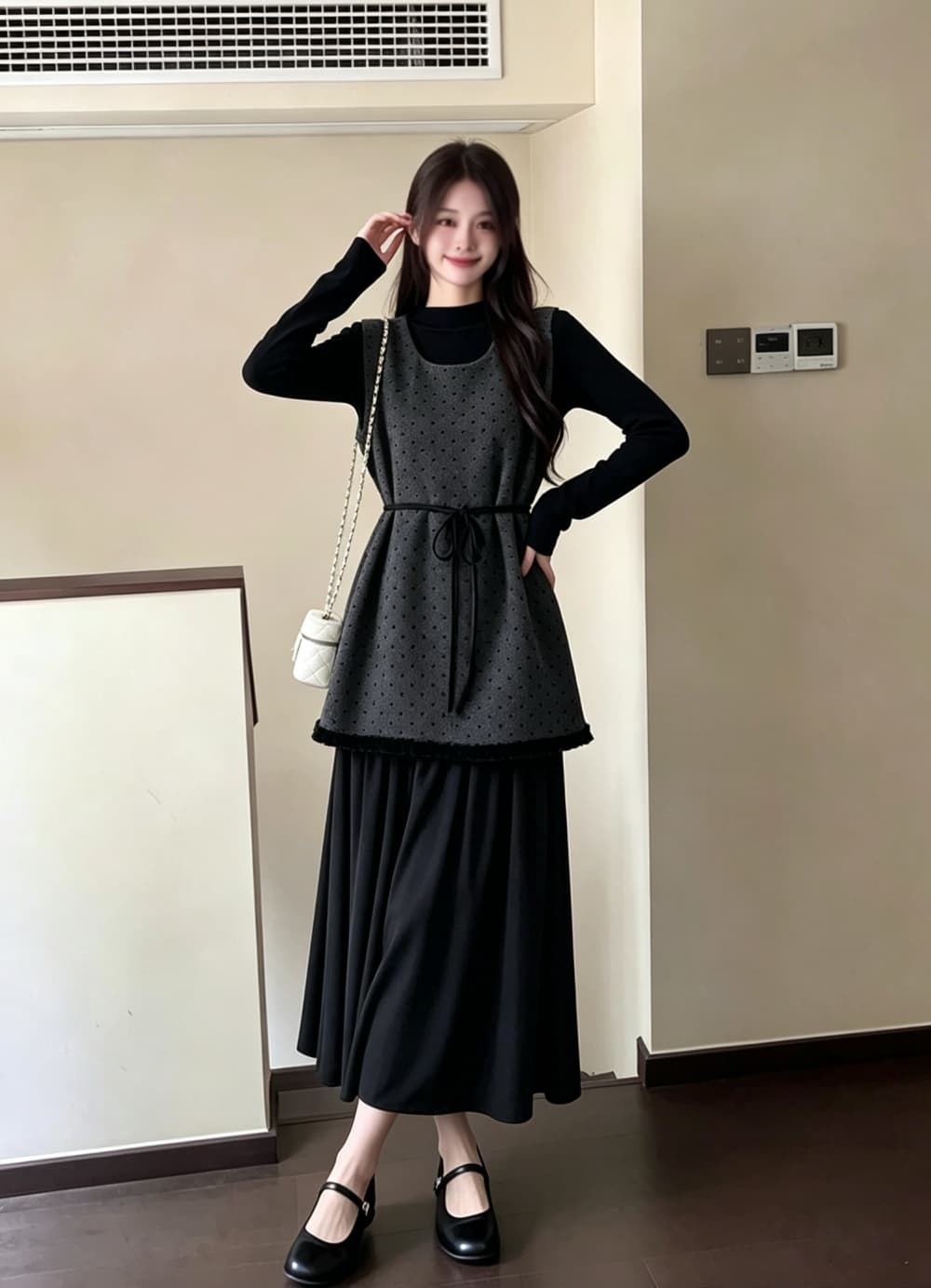 2026 실사 빅 사이즈 여성 의류 가을 겨울 새로운 페이크 레이어드 레이스업 도트 무늬 조끼 스커트 긴팔 만나는 투피스 세트 이미지 3