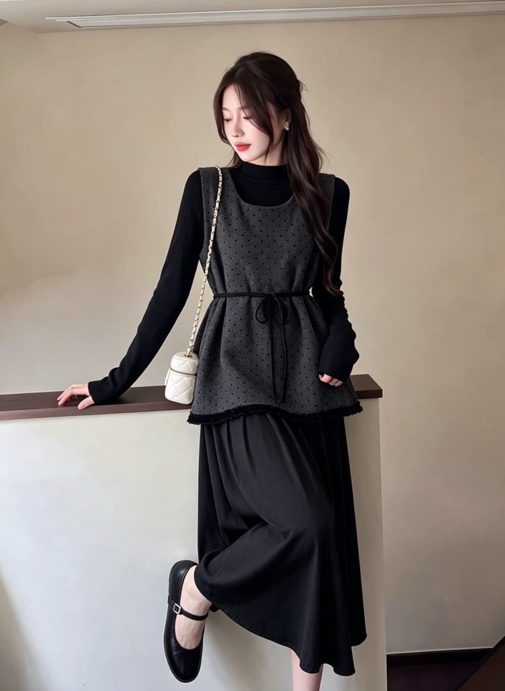 2026 실사 빅 사이즈 여성 의류 가을 겨울 새로운 페이크 레이어드 레이스업 도트 무늬 조끼 스커트 긴팔 만나는 투피스 세트 이미지 4