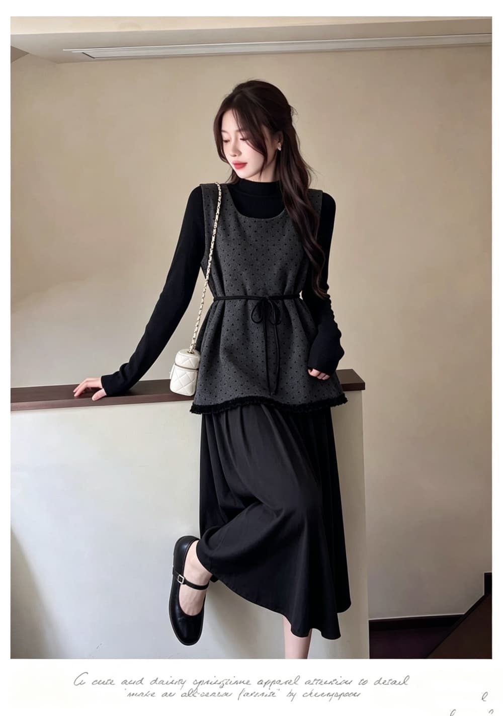 2026 실사 빅 사이즈 여성 의류 가을 겨울 새로운 페이크 레이어드 레이스업 도트 무늬 조끼 스커트 긴팔 만나는 투피스 세트 상세 이미지 4