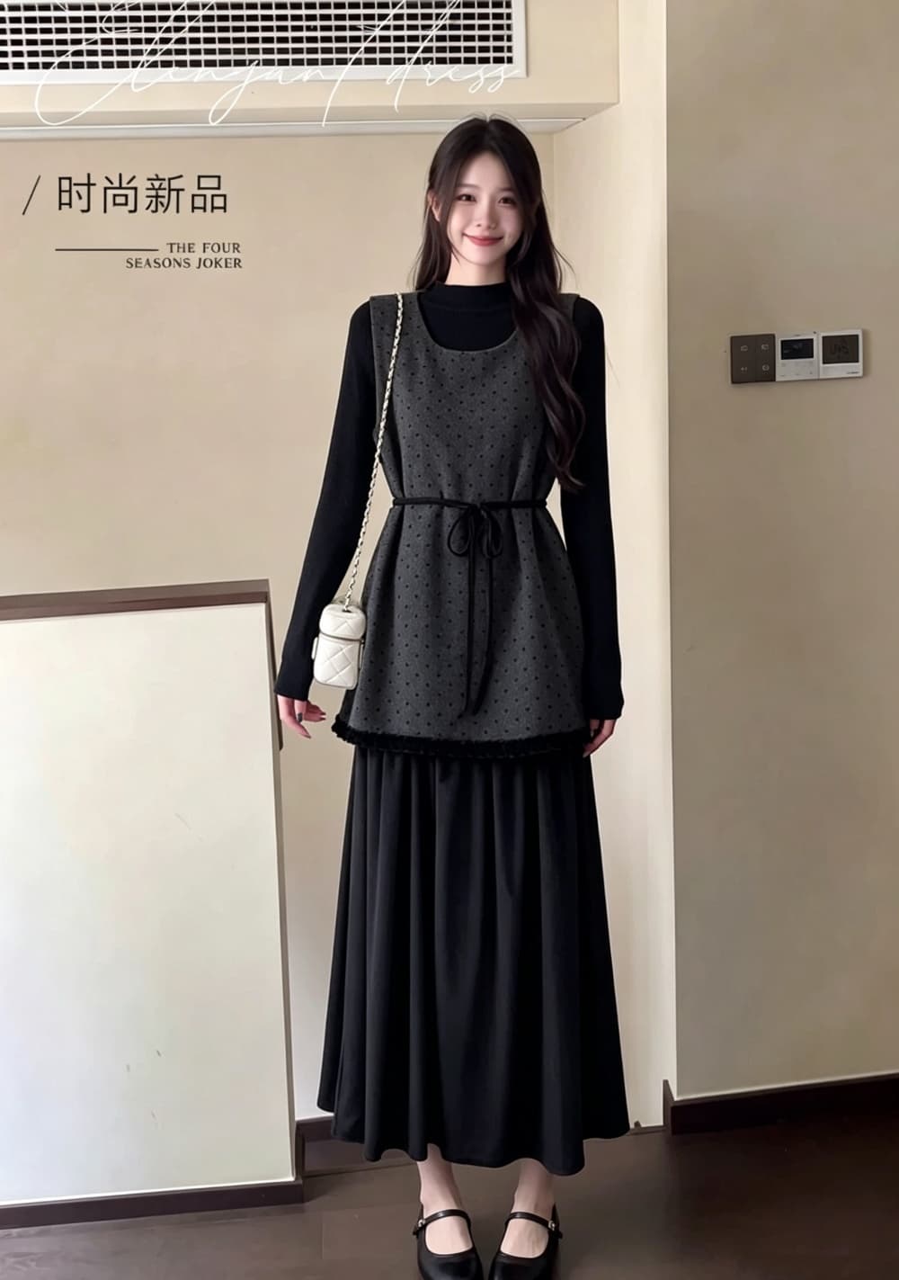 2026 실사 빅 사이즈 여성 의류 가을 겨울 새로운 페이크 레이어드 레이스업 도트 무늬 조끼 스커트 긴팔 만나는 투피스 세트 상세 이미지 5