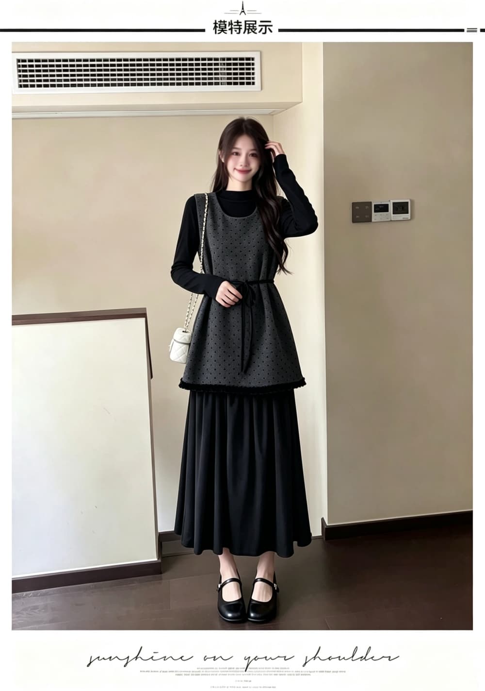 2026 실사 빅 사이즈 여성 의류 가을 겨울 새로운 페이크 레이어드 레이스업 도트 무늬 조끼 스커트 긴팔 만나는 투피스 세트 상세 이미지 6