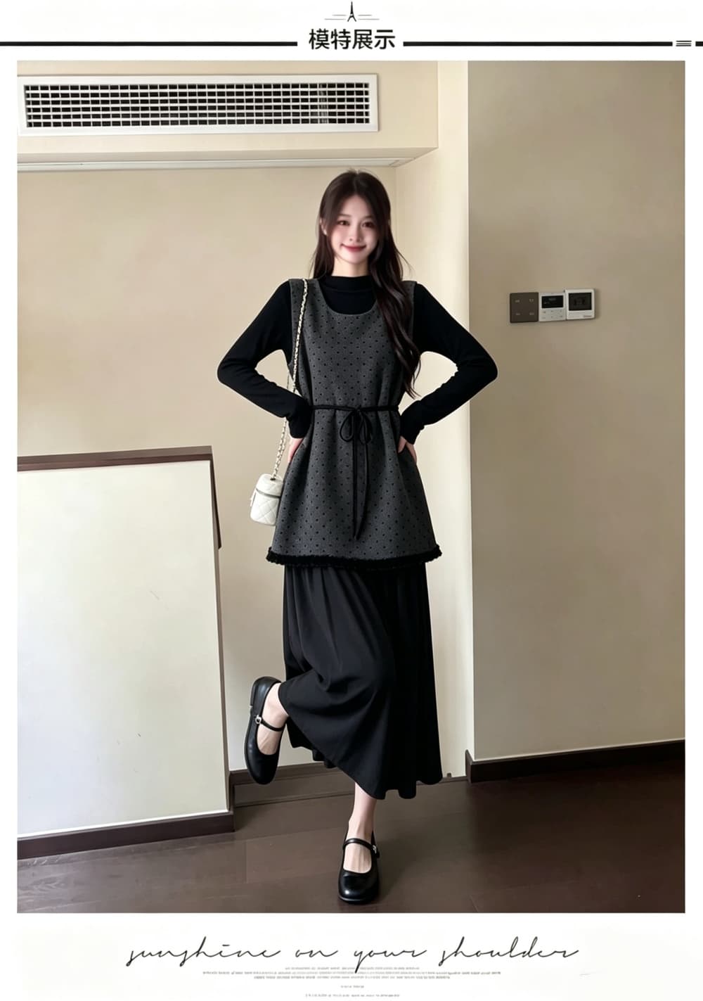 2026 실사 빅 사이즈 여성 의류 가을 겨울 새로운 페이크 레이어드 레이스업 도트 무늬 조끼 스커트 긴팔 만나는 투피스 세트 상세 이미지 7