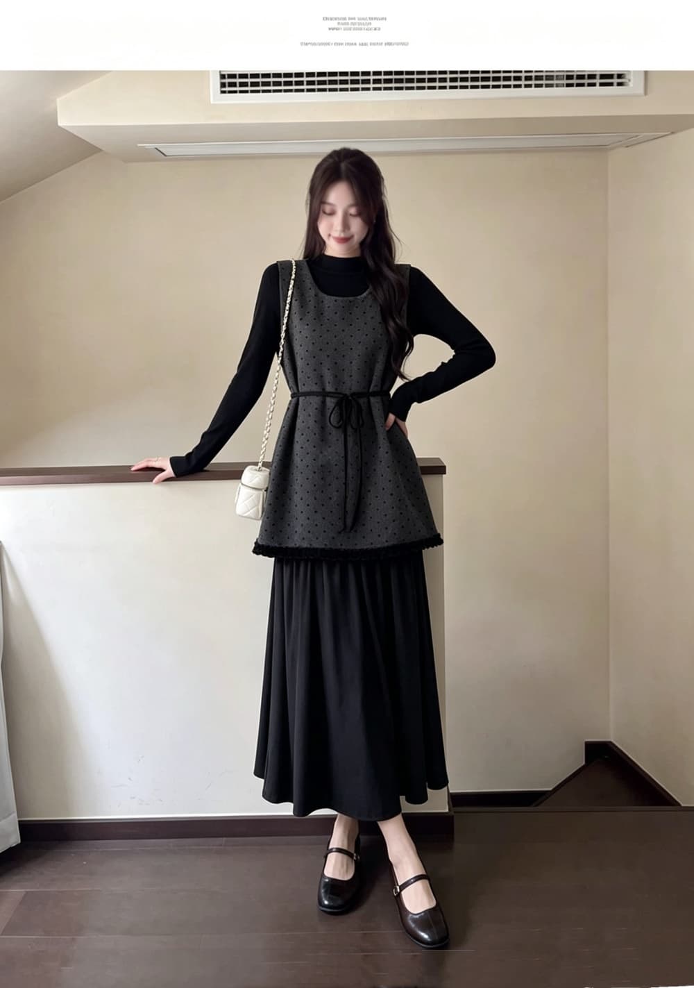2026 실사 빅 사이즈 여성 의류 가을 겨울 새로운 페이크 레이어드 레이스업 도트 무늬 조끼 스커트 긴팔 만나는 투피스 세트 상세 이미지 9