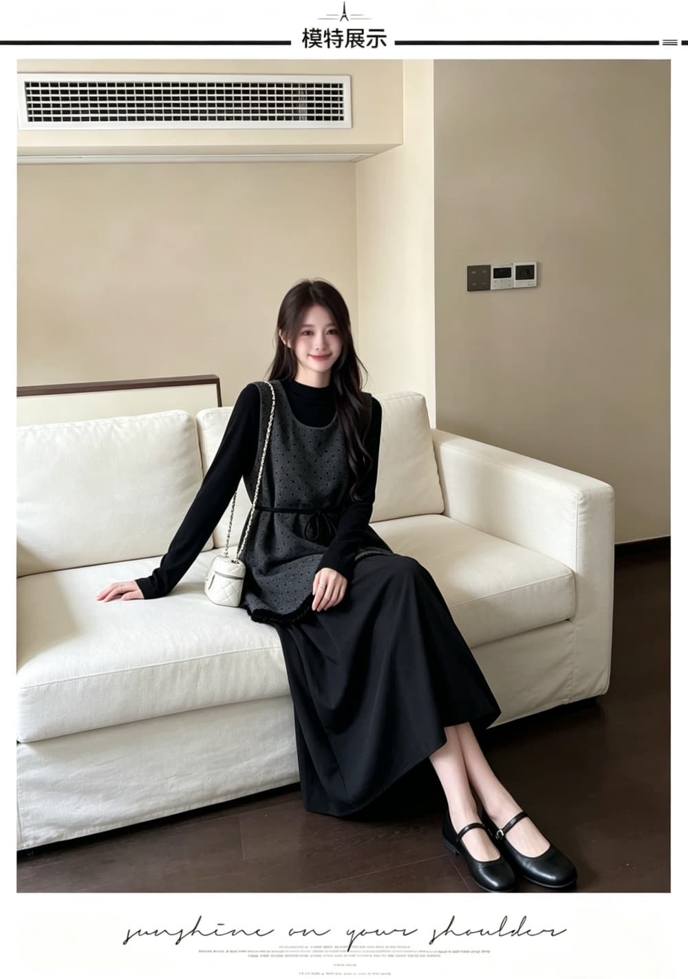 2026 실사 빅 사이즈 여성 의류 가을 겨울 새로운 페이크 레이어드 레이스업 도트 무늬 조끼 스커트 긴팔 만나는 투피스 세트 상세 이미지 10