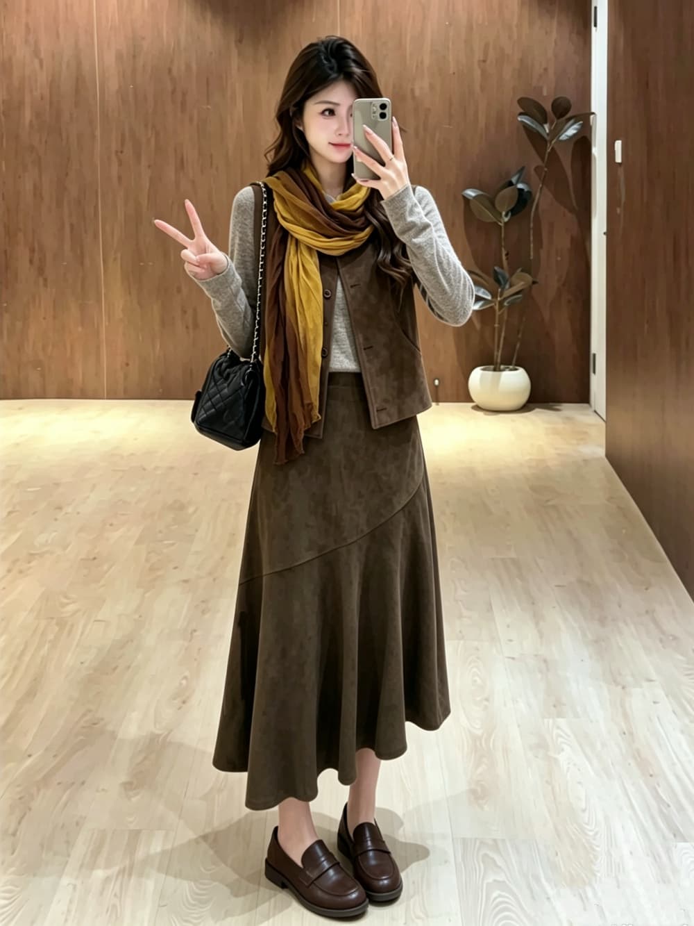2026 실사 빅 사이즈 여성 의류 가을 겨울 새로운 스웨이드 원단 베스트 플러스 반신 스커트 긴팔 기본 셔츠 3종 세트 상세 이미지 10