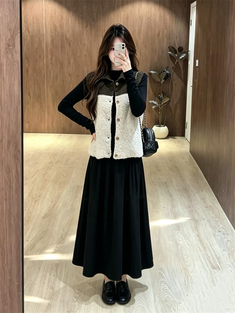 실사 빅 사이즈 가을 새로운 지방 mm 루즈핏 폴로 칼라 니트 베스트 그는 벤 바람 검정색 드레스 투피스 세트 이미지 2