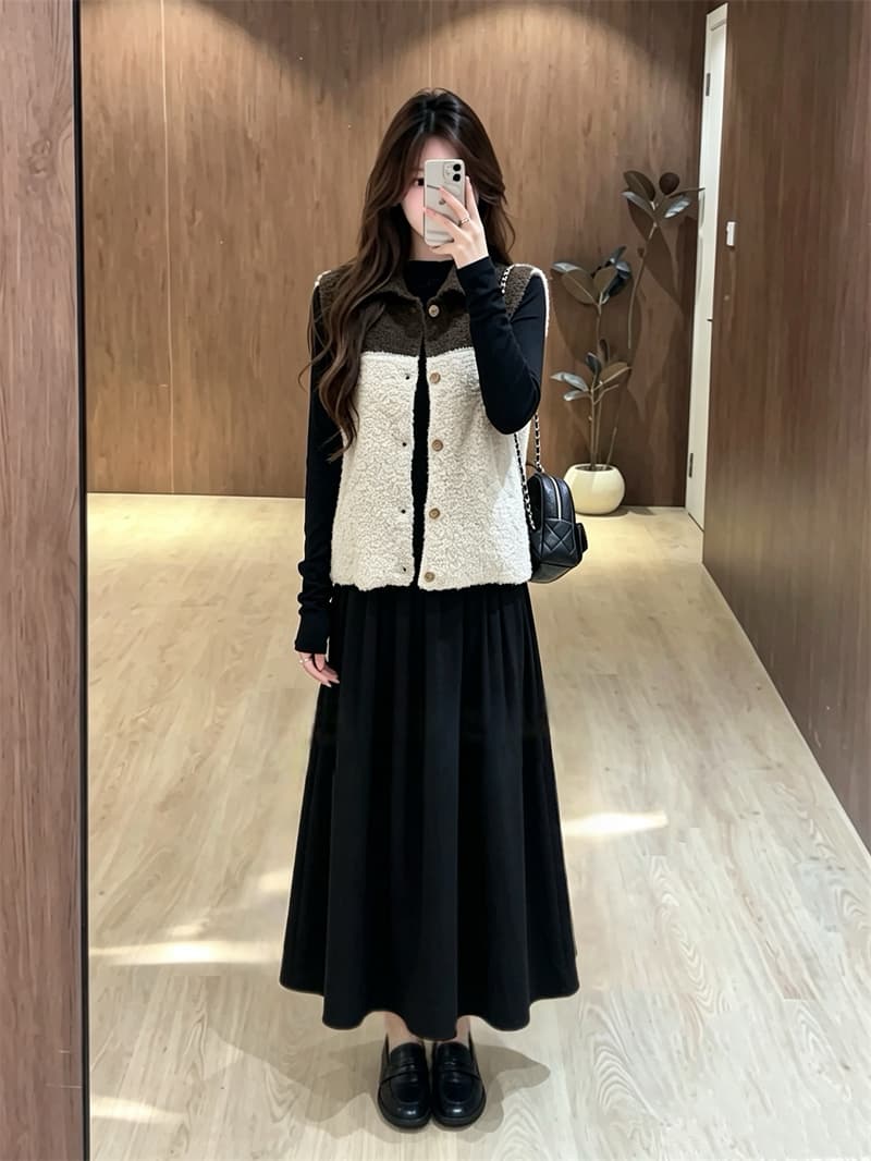 실사 빅 사이즈 가을 새로운 지방 mm 루즈핏 폴로 칼라 니트 베스트 그는 벤 바람 검정색 드레스 투피스 세트 상세 이미지 3
