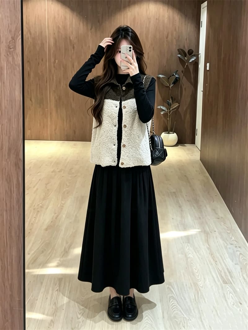 실사 빅 사이즈 가을 새로운 지방 mm 루즈핏 폴로 칼라 니트 베스트 그는 벤 바람 검정색 드레스 투피스 세트 상세 이미지 4