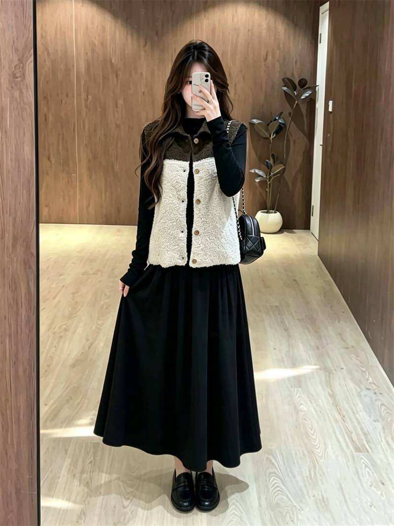 실사 빅 사이즈 가을 새로운 지방 mm 루즈핏 폴로 칼라 니트 베스트 그는 벤 바람 검정색 드레스 투피스 세트 상세 이미지 5