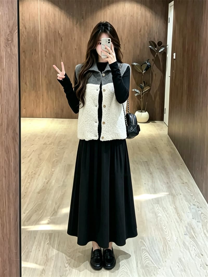 실사 빅 사이즈 가을 새로운 지방 mm 루즈핏 폴로 칼라 니트 베스트 그는 벤 바람 검정색 드레스 투피스 세트 상세 이미지 6