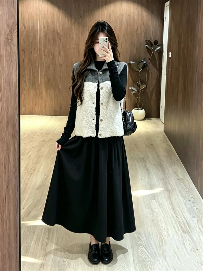 실사 빅 사이즈 가을 새로운 지방 mm 루즈핏 폴로 칼라 니트 베스트 그는 벤 바람 검정색 드레스 투피스 세트 상세 이미지 7
