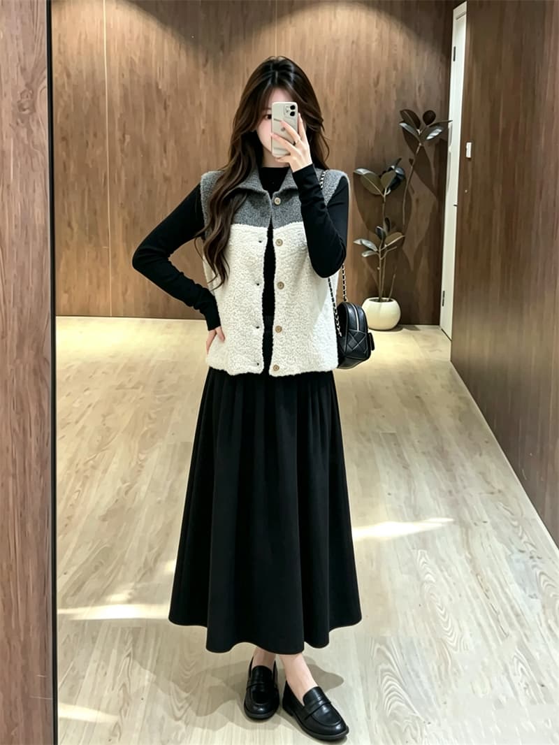 실사 빅 사이즈 가을 새로운 지방 mm 루즈핏 폴로 칼라 니트 베스트 그는 벤 바람 검정색 드레스 투피스 세트 상세 이미지 8