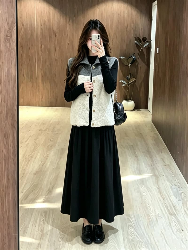 실사 빅 사이즈 가을 새로운 지방 mm 루즈핏 폴로 칼라 니트 베스트 그는 벤 바람 검정색 드레스 투피스 세트 상세 이미지 9