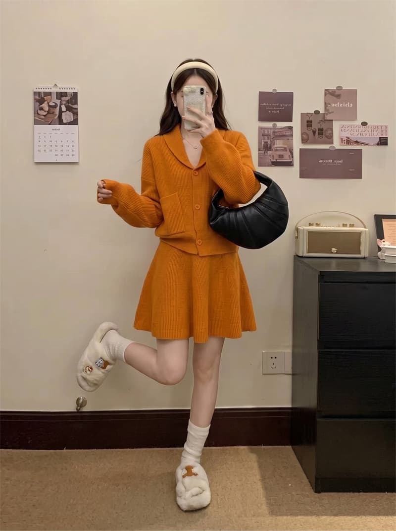 실사 빅 사이즈 가을 새로운 느긋한 바람 니트 오픈 가디건 루즈핏 슬림해 보이는 스웨터 코트 반신 스커트 투피스 세트 상세 이미지 6