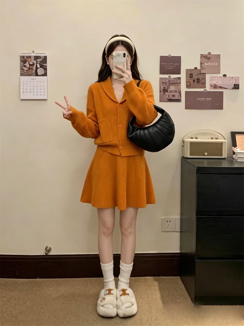 실사 빅 사이즈 가을 새로운 느긋한 바람 니트 오픈 가디건 루즈핏 슬림해 보이는 스웨터 코트 반신 스커트 투피스 세트 상세 이미지 7