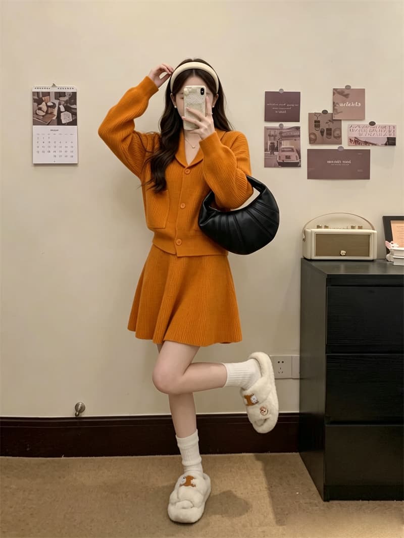 실사 빅 사이즈 가을 새로운 느긋한 바람 니트 오픈 가디건 루즈핏 슬림해 보이는 스웨터 코트 반신 스커트 투피스 세트 상세 이미지 9