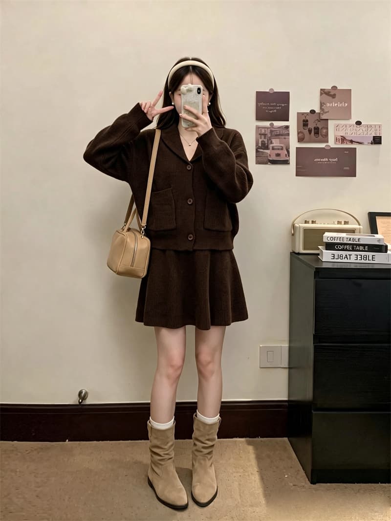 실사 빅 사이즈 가을 새로운 느긋한 바람 니트 오픈 가디건 루즈핏 슬림해 보이는 스웨터 코트 반신 스커트 투피스 세트 상세 이미지 11