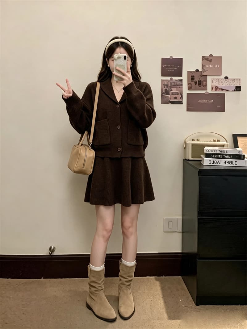 실사 빅 사이즈 가을 새로운 느긋한 바람 니트 오픈 가디건 루즈핏 슬림해 보이는 스웨터 코트 반신 스커트 투피스 세트 상세 이미지 13