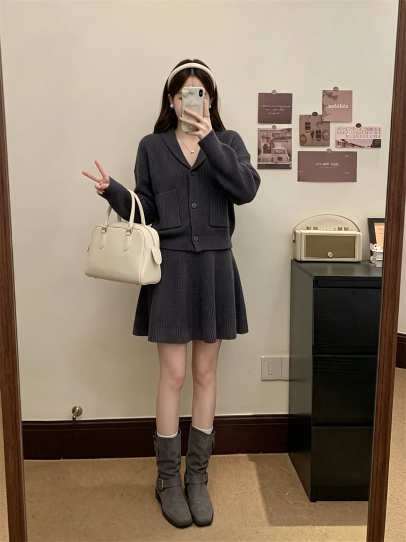 실사 빅 사이즈 가을 새로운 느긋한 바람 니트 오픈 가디건 루즈핏 슬림해 보이는 스웨터 코트 반신 스커트 투피스 세트 상세 이미지 16