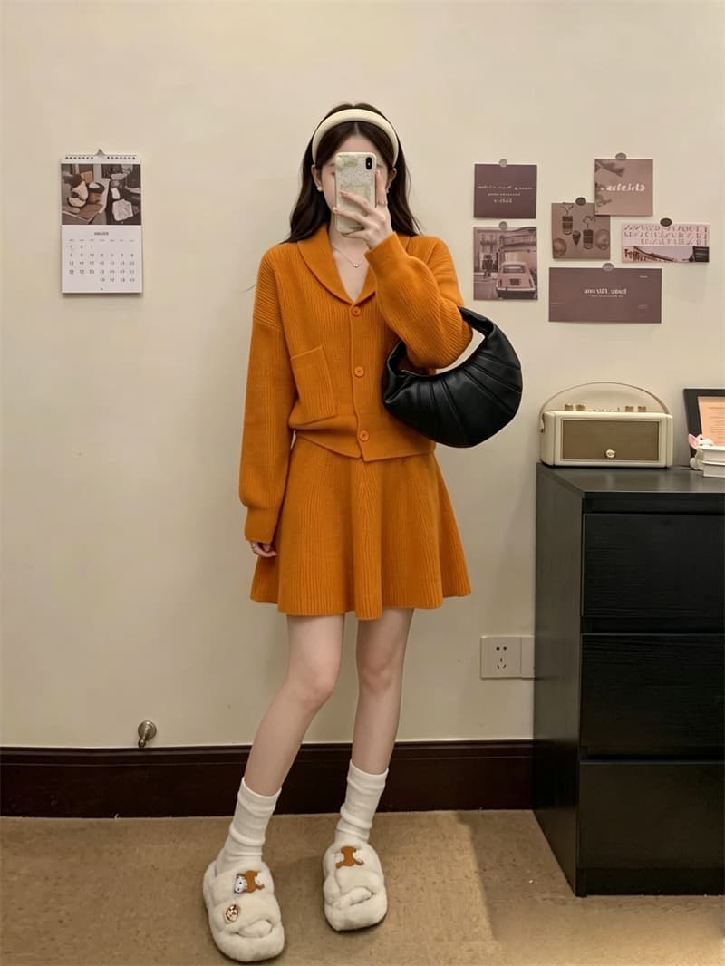 실사 빅 사이즈 가을 새로운 느긋한 바람 니트 오픈 가디건 루즈핏 슬림해 보이는 스웨터 코트 반신 스커트 투피스 세트 이미지 2