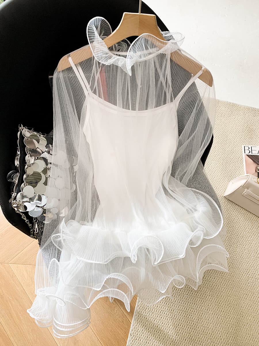 실사 불규칙 페이크 레이어드 긴팔 티셔츠 여성 이른 봄 순수한 욕망 V넥 행침 목 나팔 소매 맨위 레이스 기본 셔츠 상세 이미지 1
